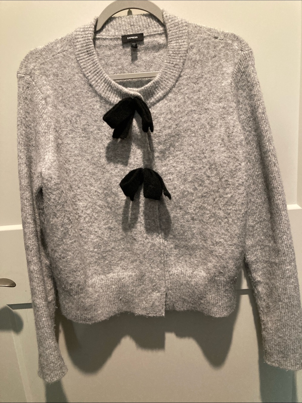 Express Gray Crewneck Sweater with Black Bow Accents